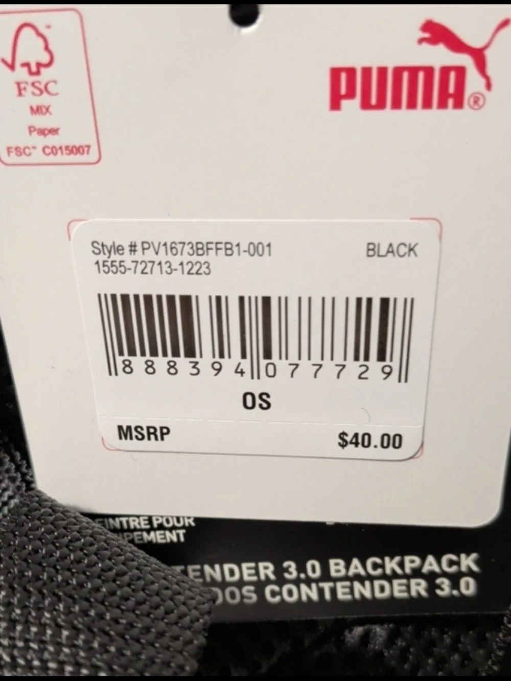 PUMA Contender 3.0 Black Backpack 15” Laptop Sleeve NWT